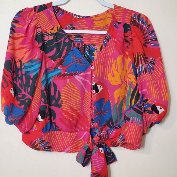 Joie Top Blouse Womens Size Medium Tropical Vacation Parrot Resort Tie Front - Picture 1 of 10